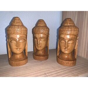 Three (3) Vintage Hand Carved Wooden Detailed Buddha shakyamuni Head Statues